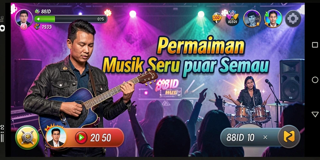 Screenshot gameplay 88ID yang menampilkan pemain bernyanyi dan bermain musik.