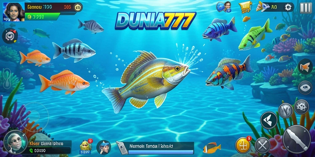 Tampilan gameplay seru dalam DUNIA777 saat menembak ikan berwarna-warni.