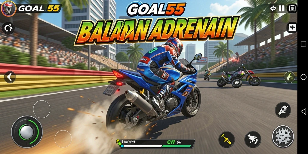 Tangkapan layar gameplay GOAL55 dengan balapan motor yang menegangkan.